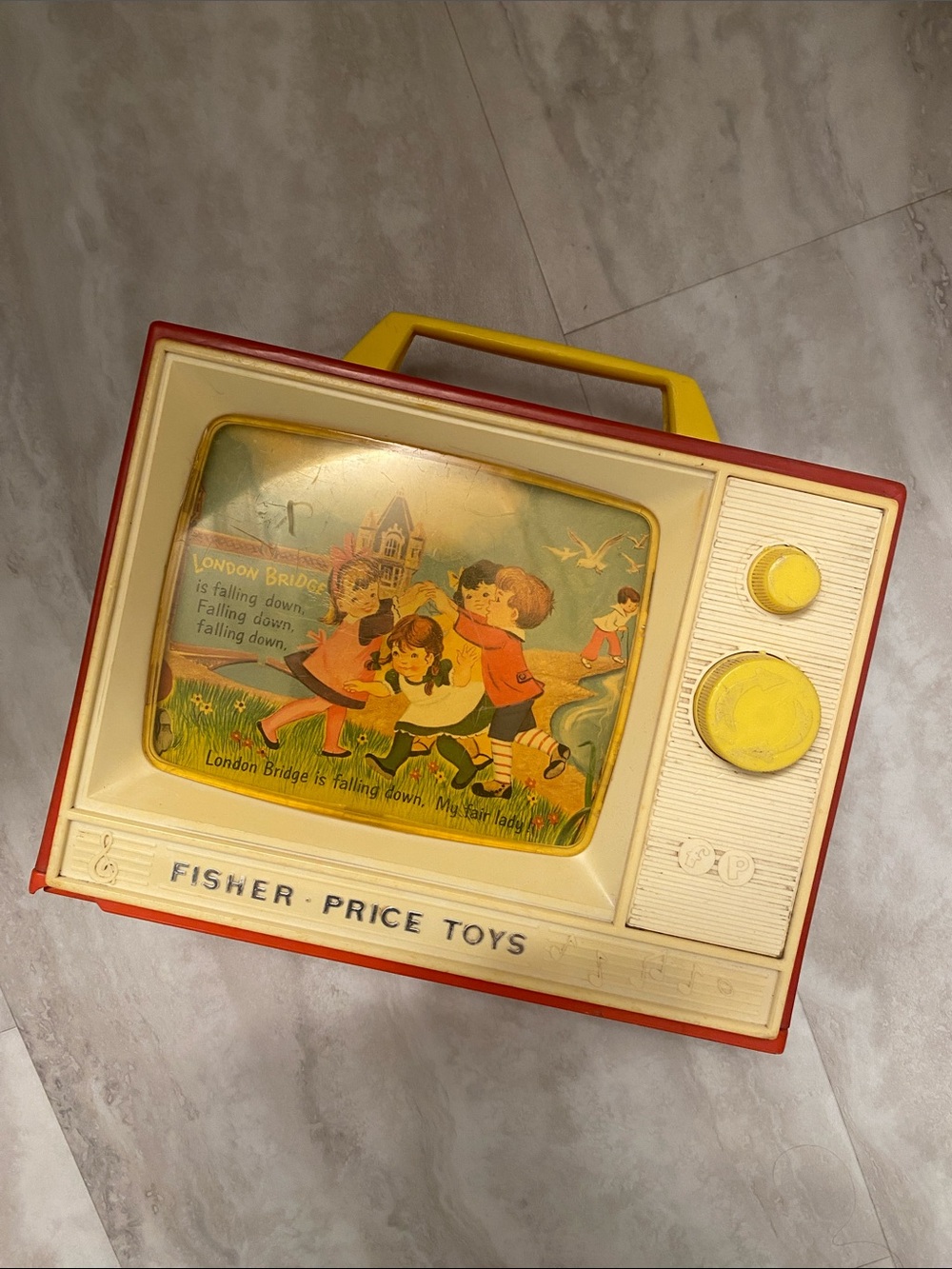 Vintage 1966 Fisher-Price Musical Toy TV in Cream, Red, Yellow